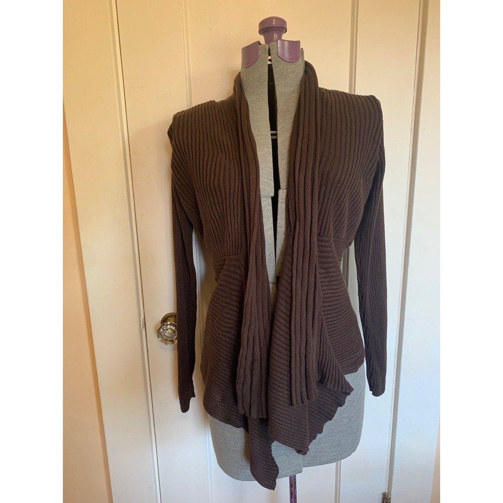 Chaus Brown Ribbed Open Front Drape Cardigan Sweater Large Cotton Blend